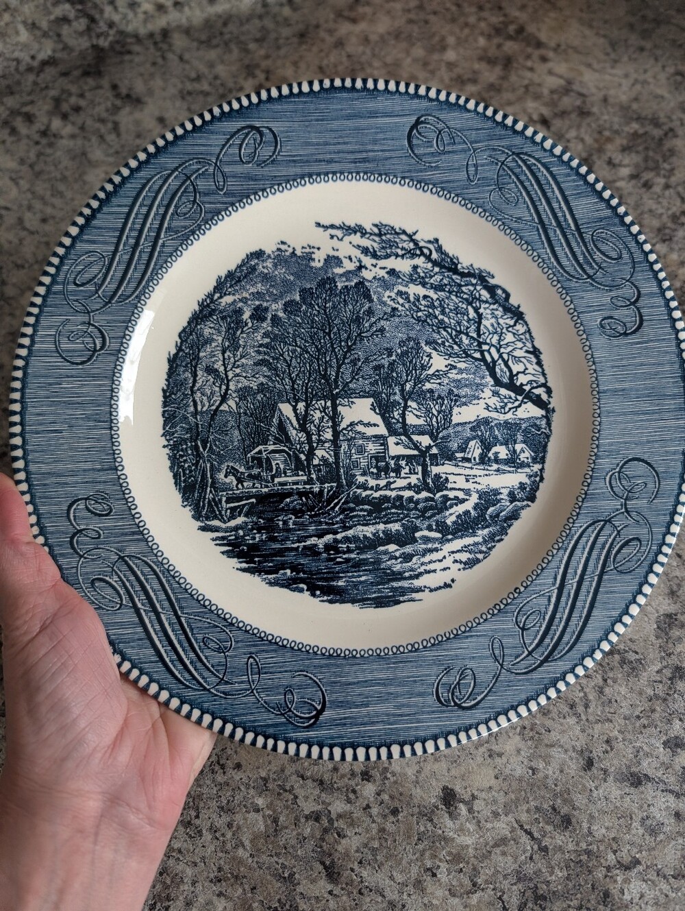 Vintage Currier & Ives The Old Gristmill Blue & White Transferware Plate 10"